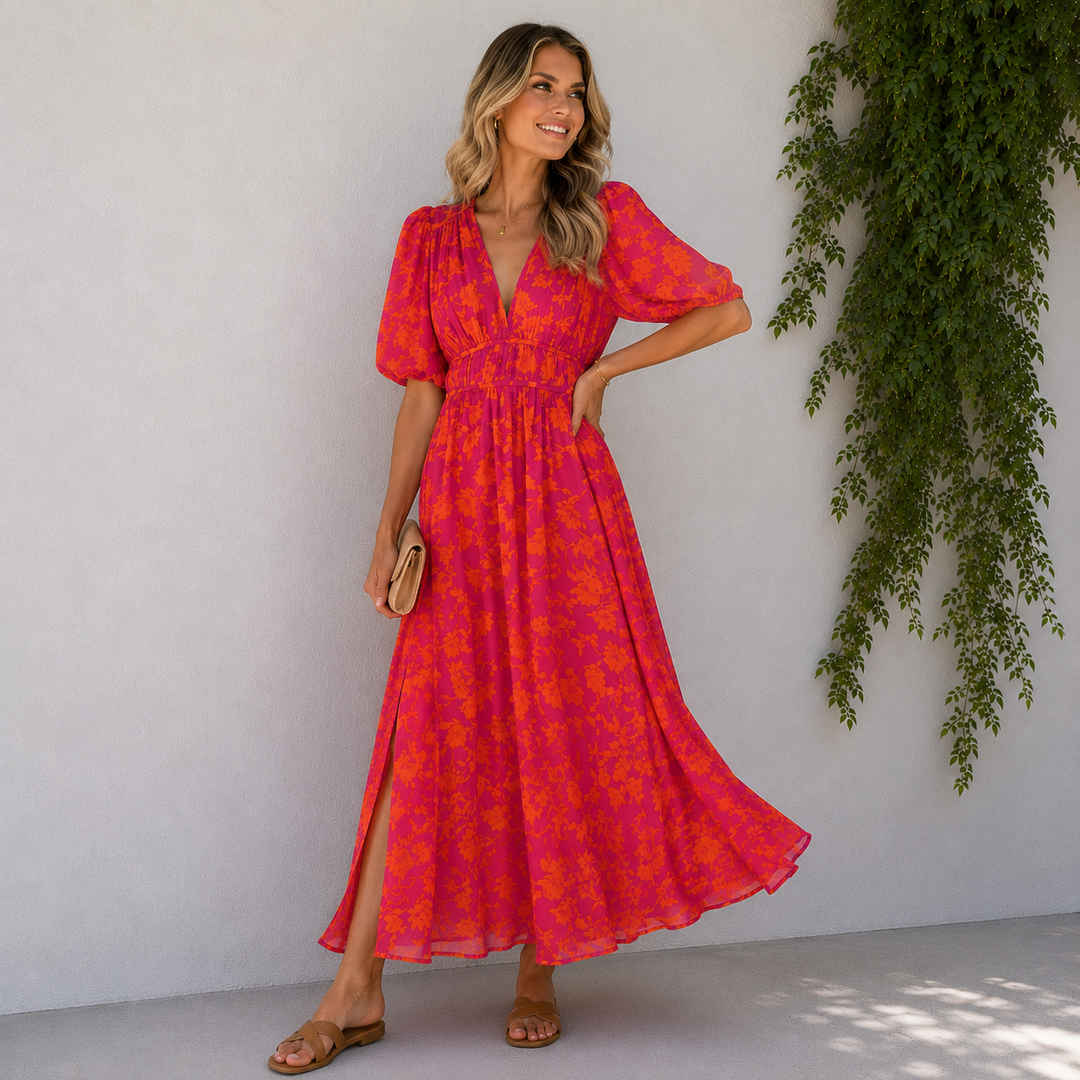 Ella | Floral V-Neck Maxi Wedding Guest Dress