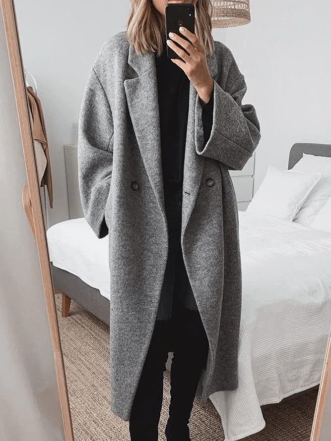 Sara | Oversized Wool-Blend Double-Breasted Long Trench Coat