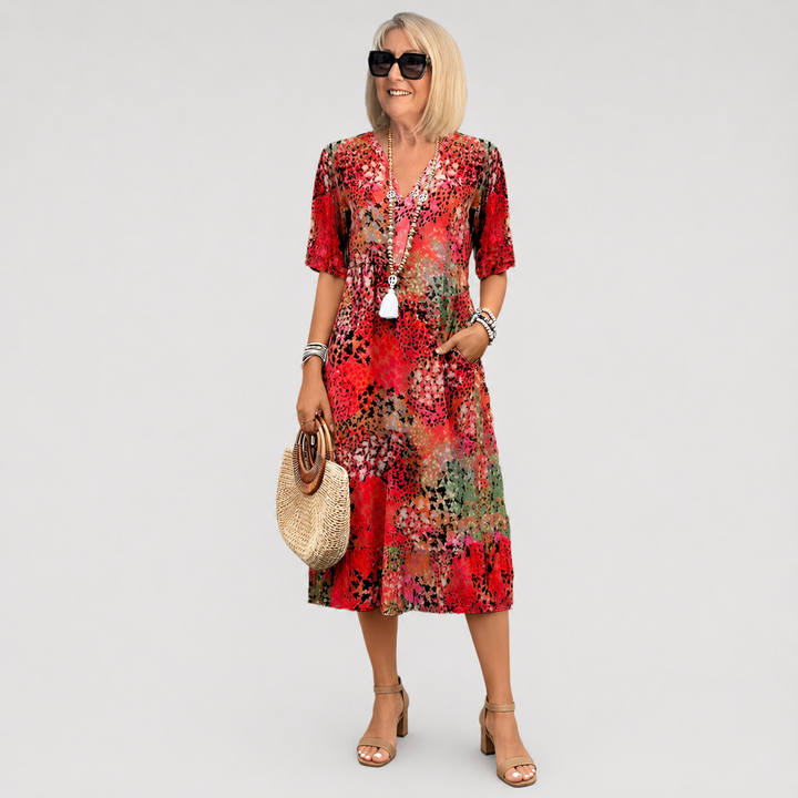 Tara | Elegant Floral Midi Dress with Tummy Coverage