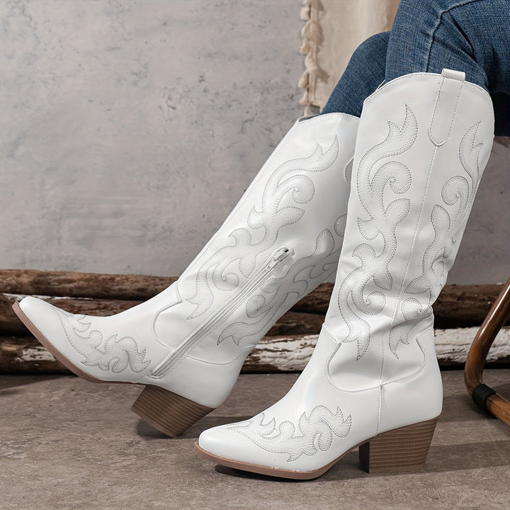 Jenny | Knee-High Leather Block Heel Cowboy Boots