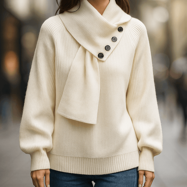 Josephine | Asymmetric High Neck Button Details Ribbed Knit Sweater