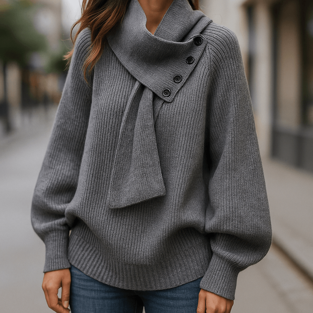 Josephine | Asymmetric High Neck Button Details Ribbed Knit Sweater