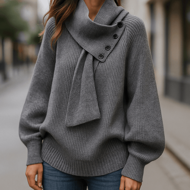 Josephine | Asymmetric High Neck Button Details Ribbed Knit Sweater