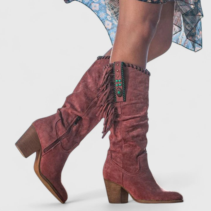 Sienna | Winter Knee-High Block Heel Fringe Cowboy Boots