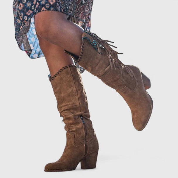 Sienna | Winter Knee-High Block Heel Fringe Cowboy Boots