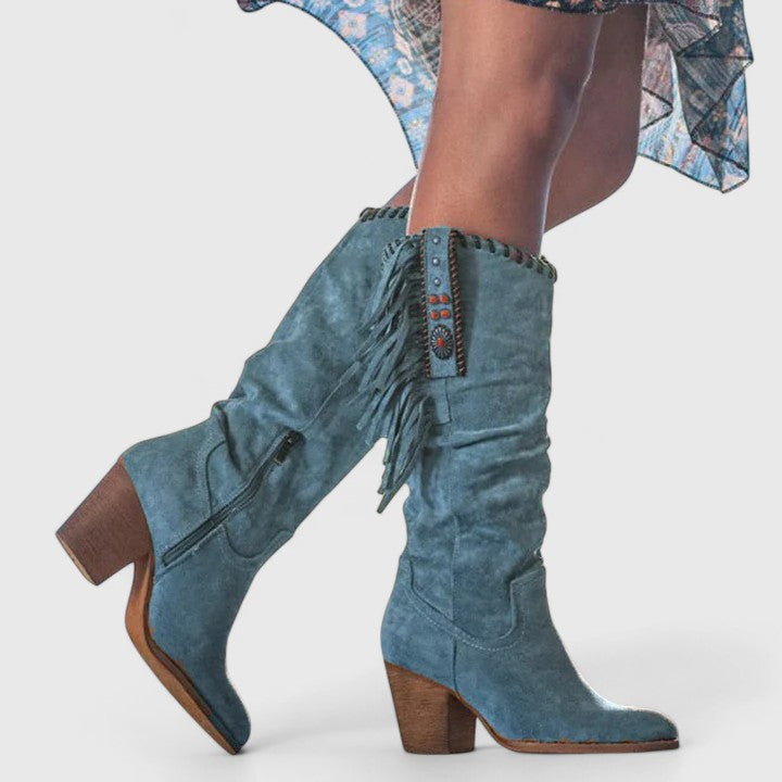 Sienna | Winter Knee-High Block Heel Fringe Cowboy Boots