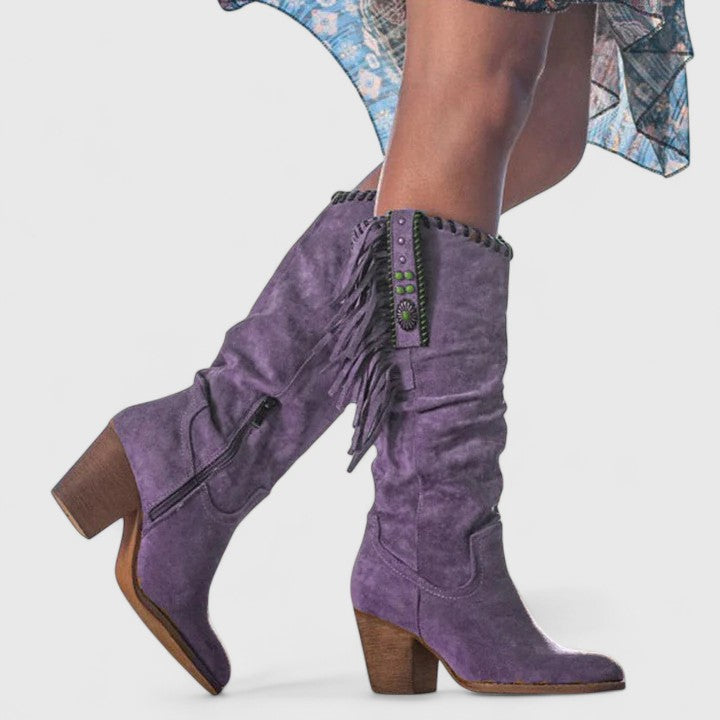 Sienna | Winter Knee-High Block Heel Fringe Cowboy Boots