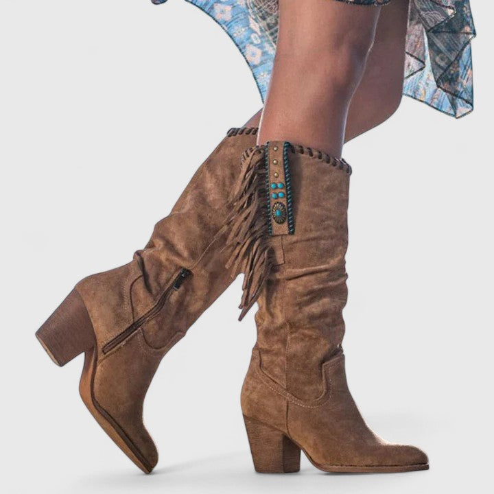 Sienna | Winter Knee-High Block Heel Fringe Cowboy Boots