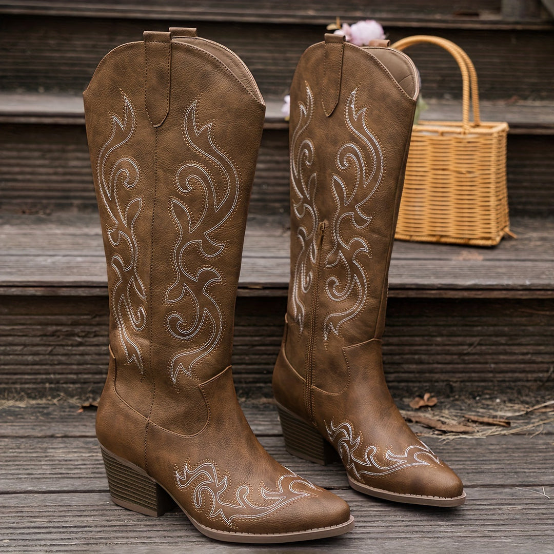 Jenny | Knee-High Leather Block Heel Cowboy Boots