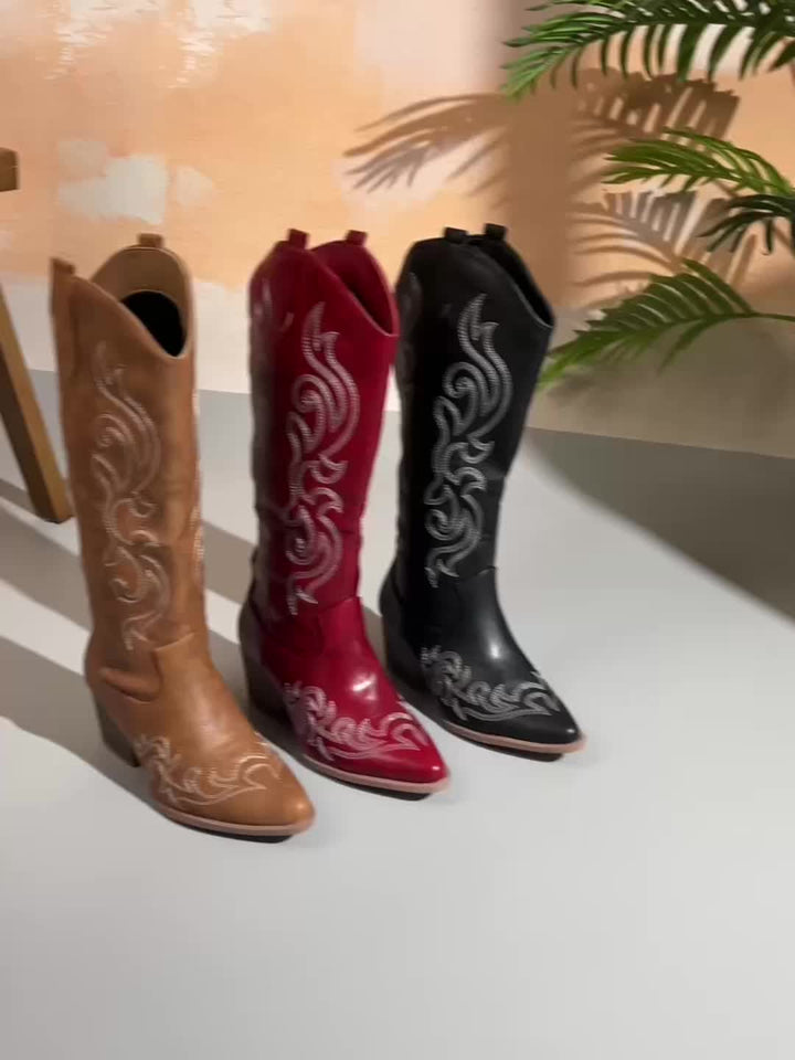 Jenny | Knee-High Leather Block Heel Cowboy Boots