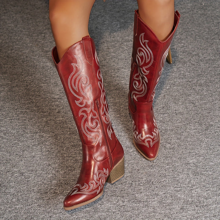 Jenny | Knee-High Leather Block Heel Cowboy Boots