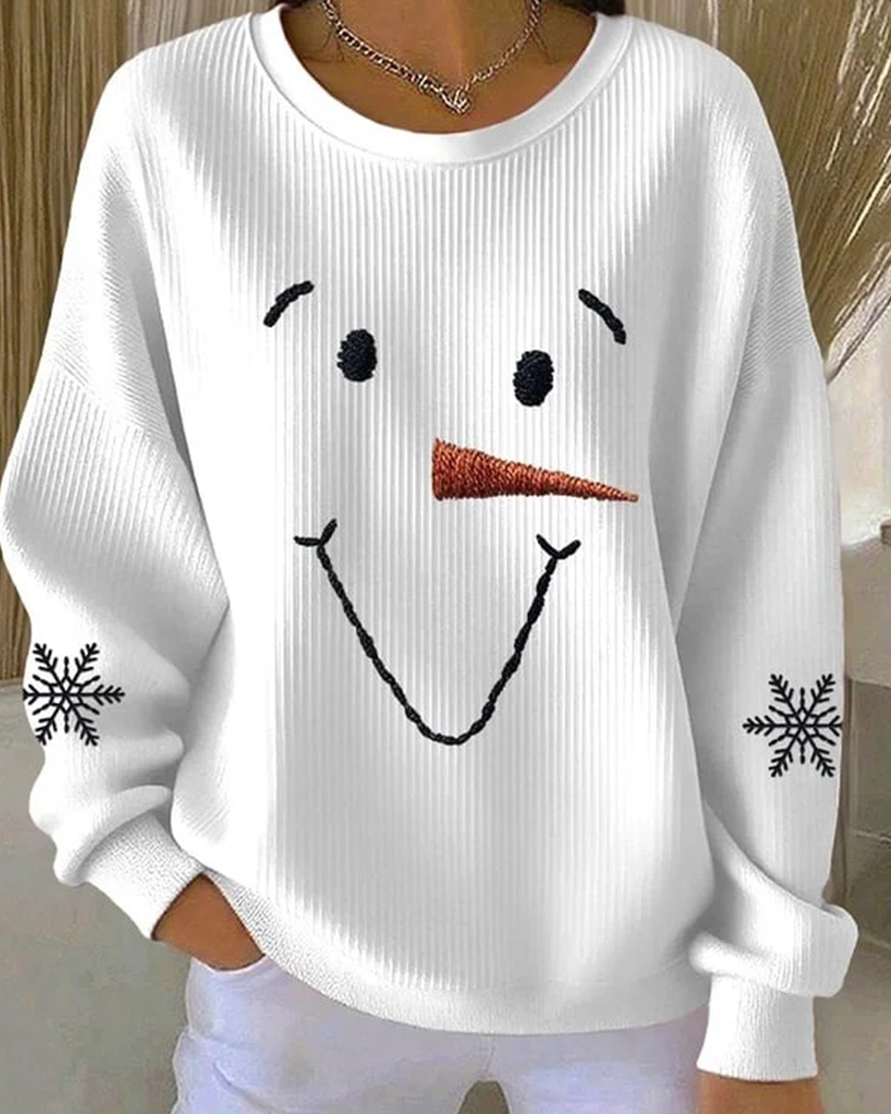 Christmas Sweatshirt for Women | Cute Snowman Face Ribbed