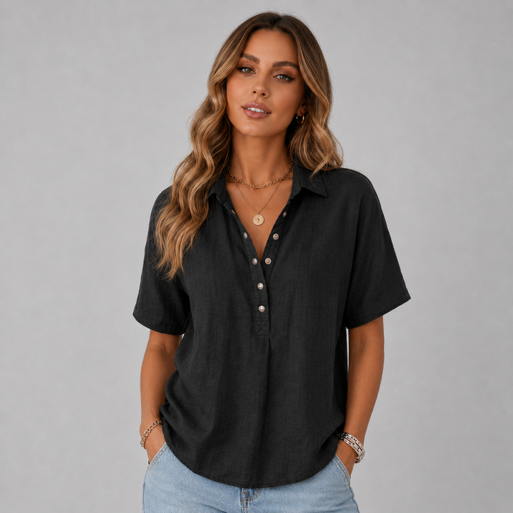 Clara | Linen-Look Button Short Sleeve Top