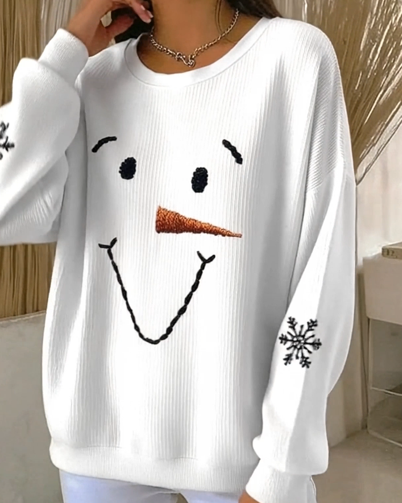 Christmas Sweatshirt for Women | Cute Snowman Face Ribbed