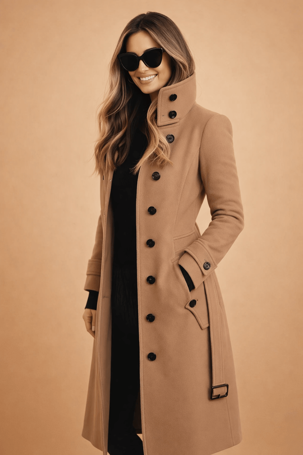 Aurielle | Classic Double-Breasted Long Stand Collar Trench Coat