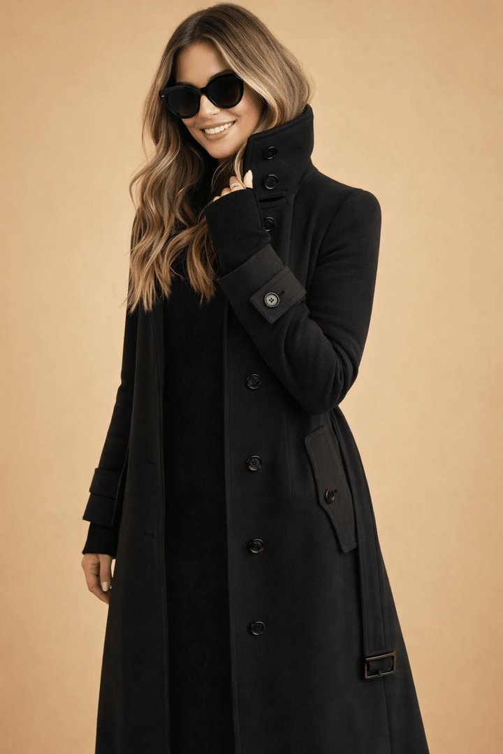 Aurielle | Classic Double-Breasted Long Stand Collar Trench Coat