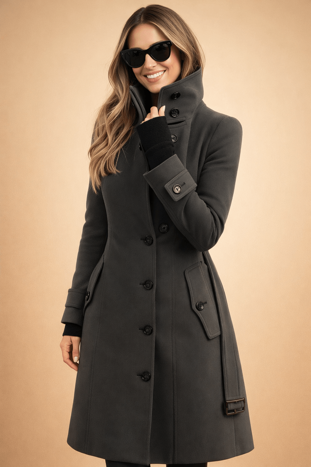 Aurielle | Classic Double-Breasted Long Stand Collar Trench Coat