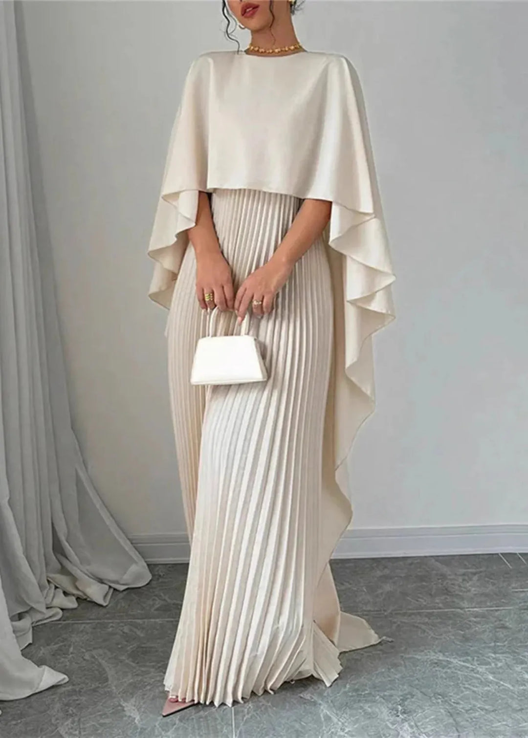 Makayla | Wedding Guest Pleated Cape Maxi Dress