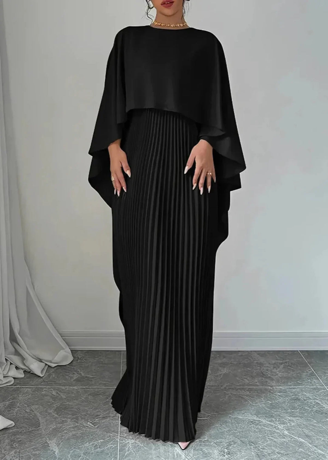 Makayla | Wedding Guest Pleated Cape Maxi Dress