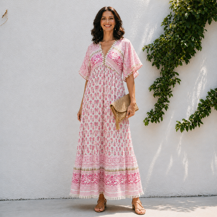 Lily | Women’s Boho Tassel Detail Short Sleeve Maxi Dress
