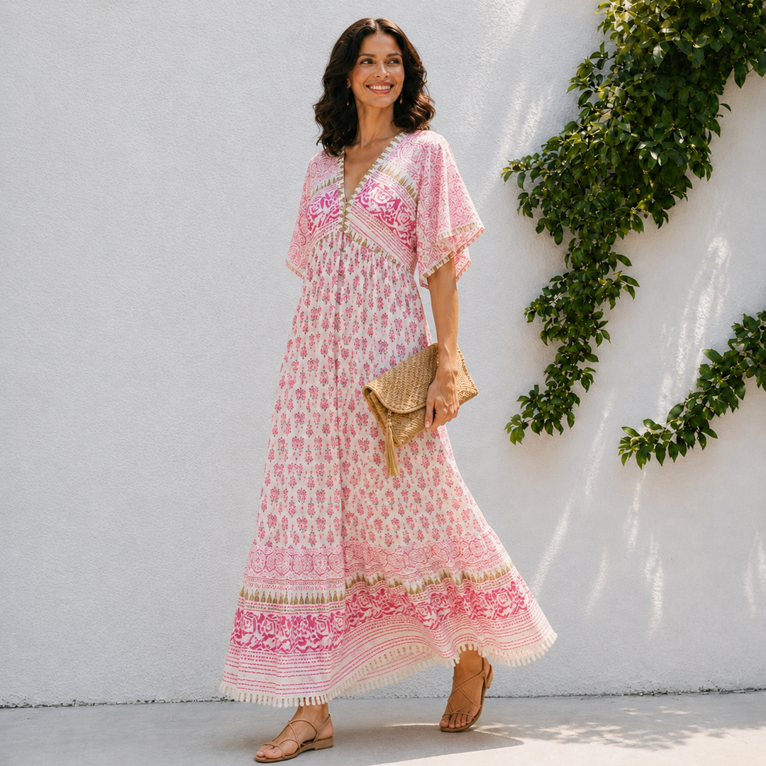 Lily | Women’s Boho Tassel Detail Short Sleeve Maxi Dress