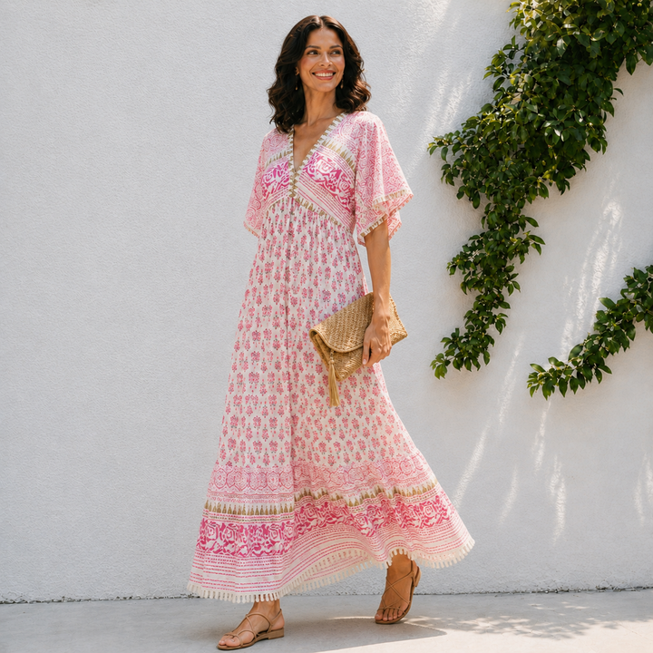 Lily | Women’s Boho Tassel Detail Short Sleeve Maxi Dress