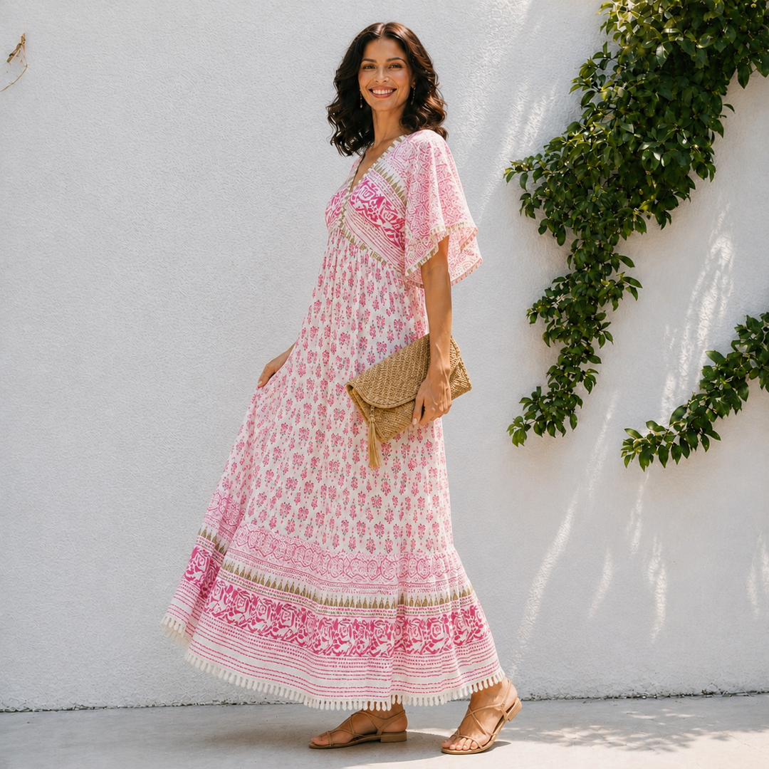 Lily | Women’s Boho Tassel Detail Short Sleeve Maxi Dress