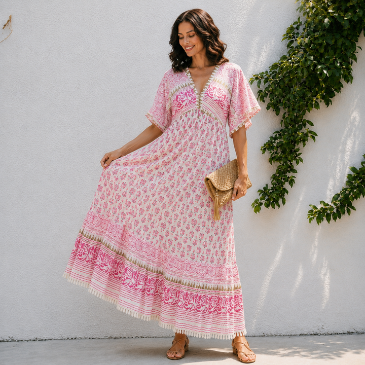 Lily | Women’s Boho Tassel Detail Short Sleeve Maxi Dress