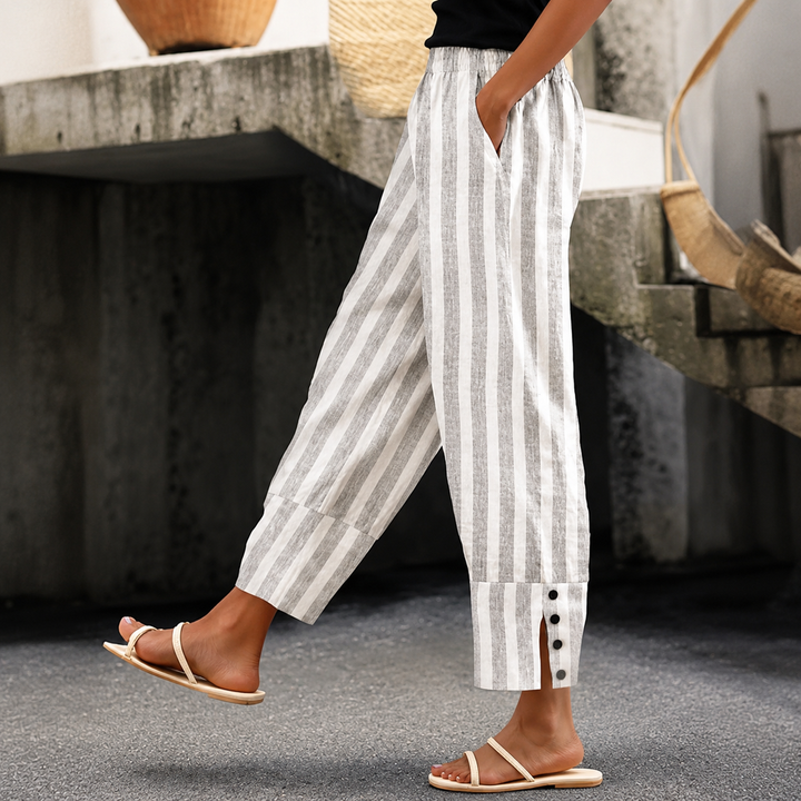 Elara | Striped Button-Hem Trousers