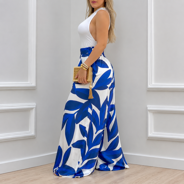 Serena | Blue Leaf Wide-Leg Trousers