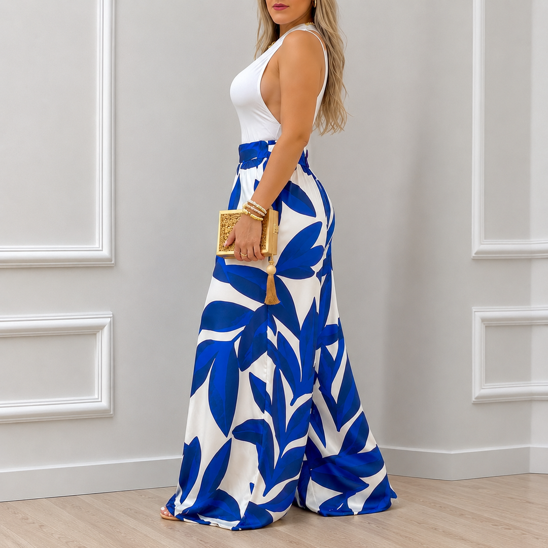 Serena | Blue Leaf Wide-Leg Trousers