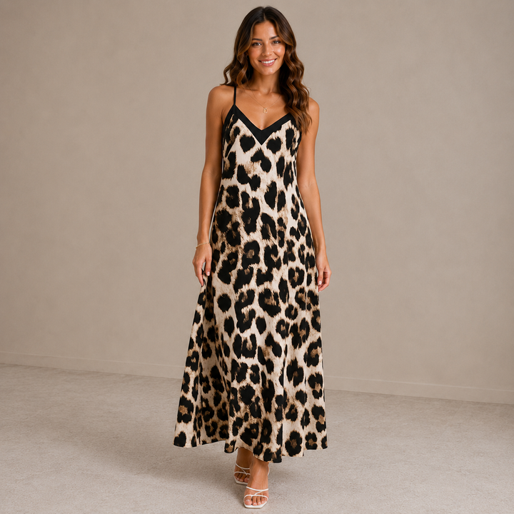 Laura | Sleeveless V Neck Leopard Print Beach Dress