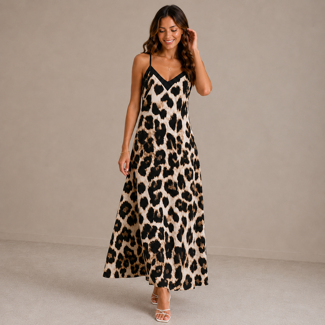 Laura | Sleeveless V Neck Leopard Print Beach Dress