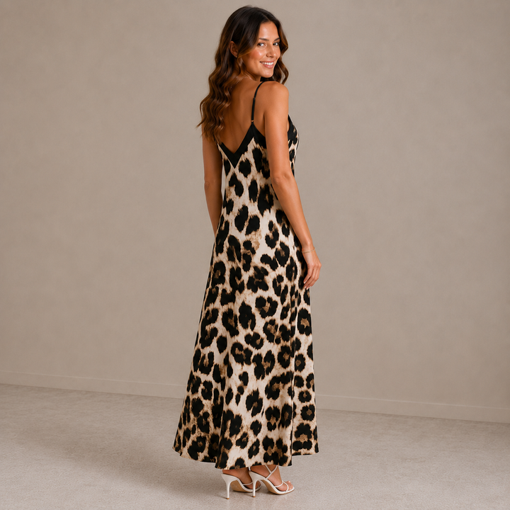 Laura | Sleeveless V Neck Leopard Print Beach Dress