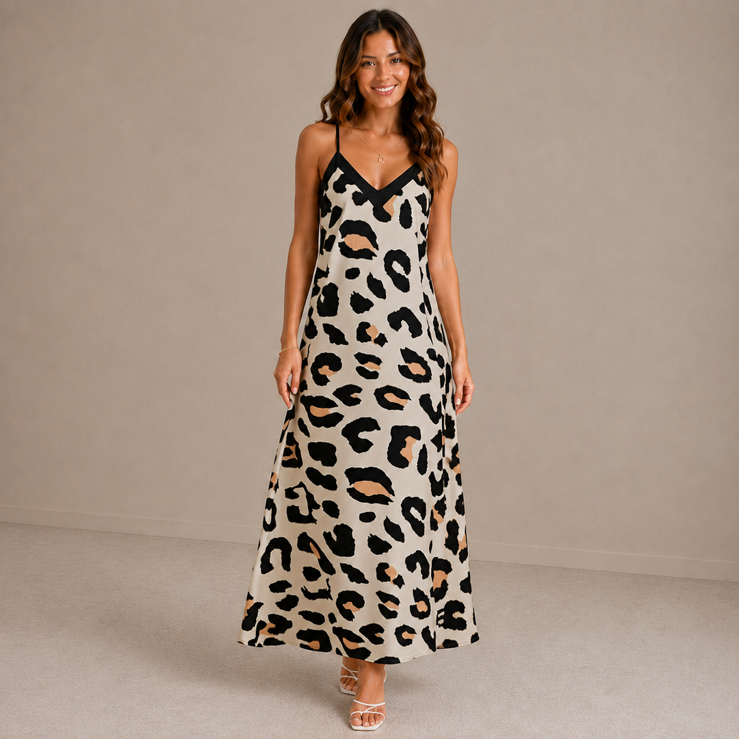 Laura | Sleeveless V Neck Leopard Print Beach Dress