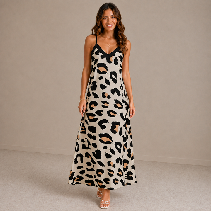 Laura | Sleeveless V Neck Leopard Print Beach Dress