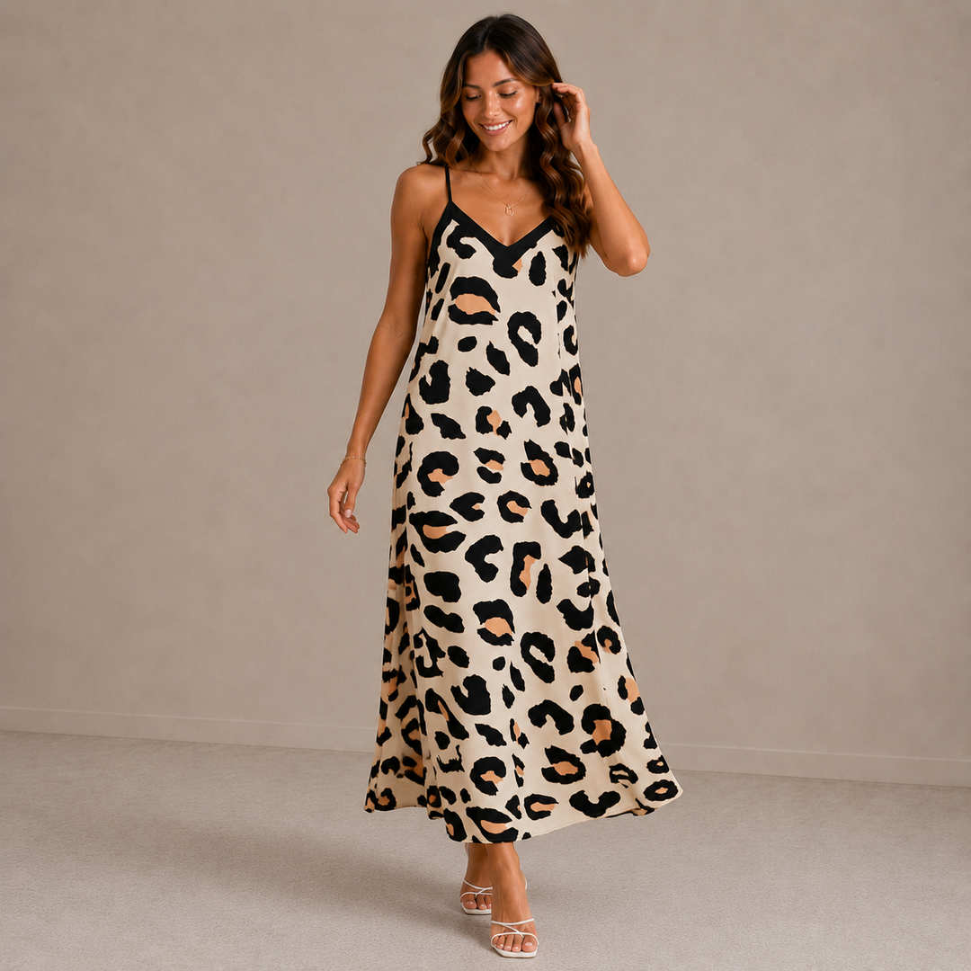 Laura | Sleeveless V Neck Leopard Print Beach Dress