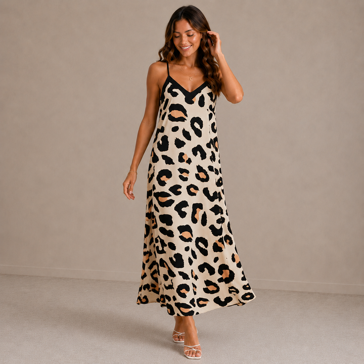 Laura | Sleeveless V Neck Leopard Print Beach Dress