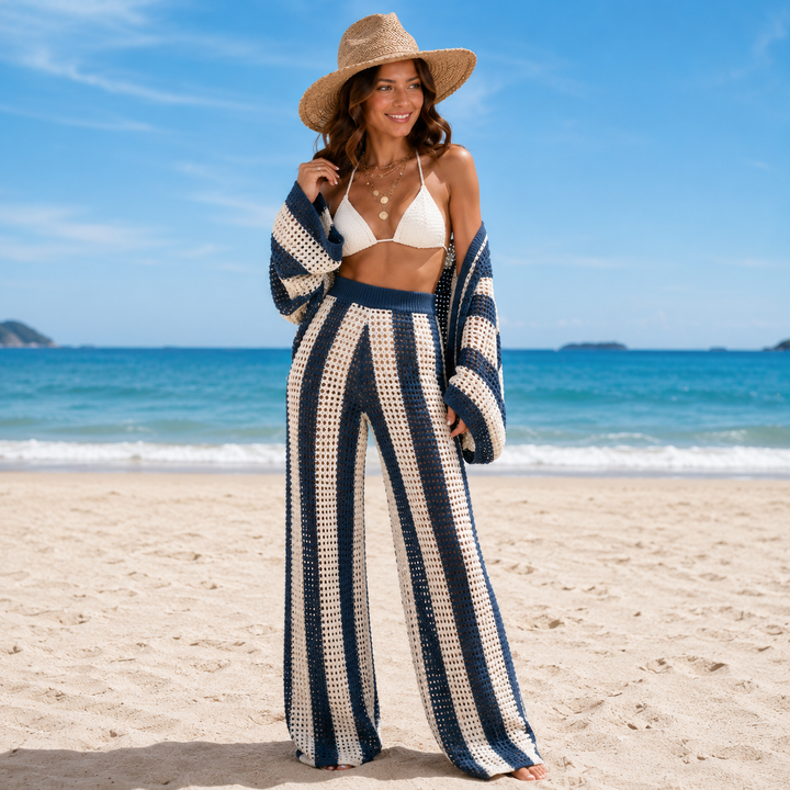 Sara | Striped Wide-Leg Pants Knitted Beach Suit