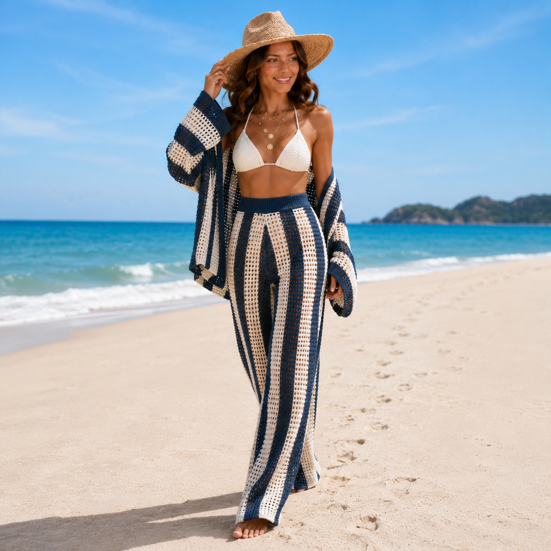 Sara | Striped Wide-Leg Pants Knitted Beach Suit