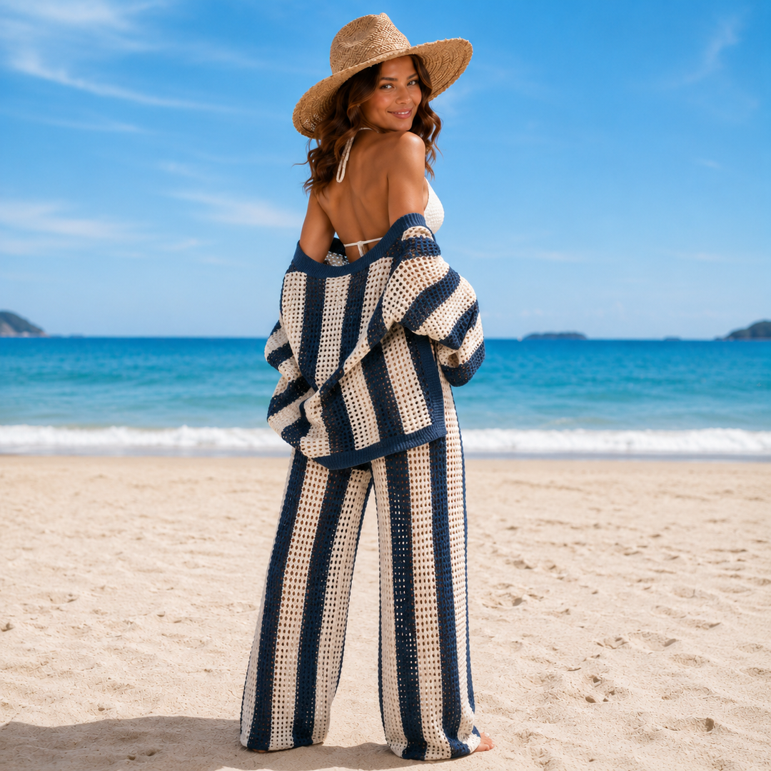Sara | Striped Wide-Leg Pants Knitted Beach Suit