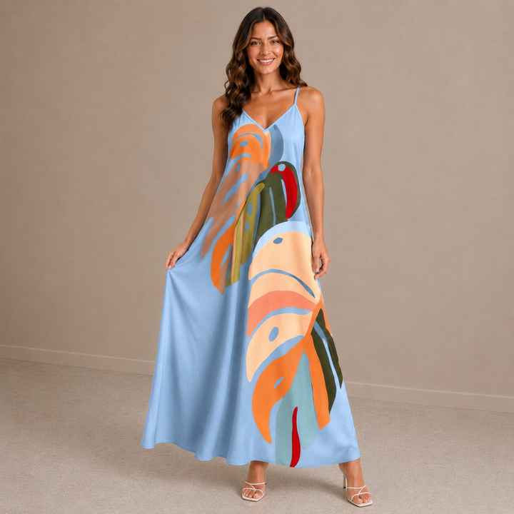 Vicky | Tropical Print V-Neck Sleeveless Maxi Dress