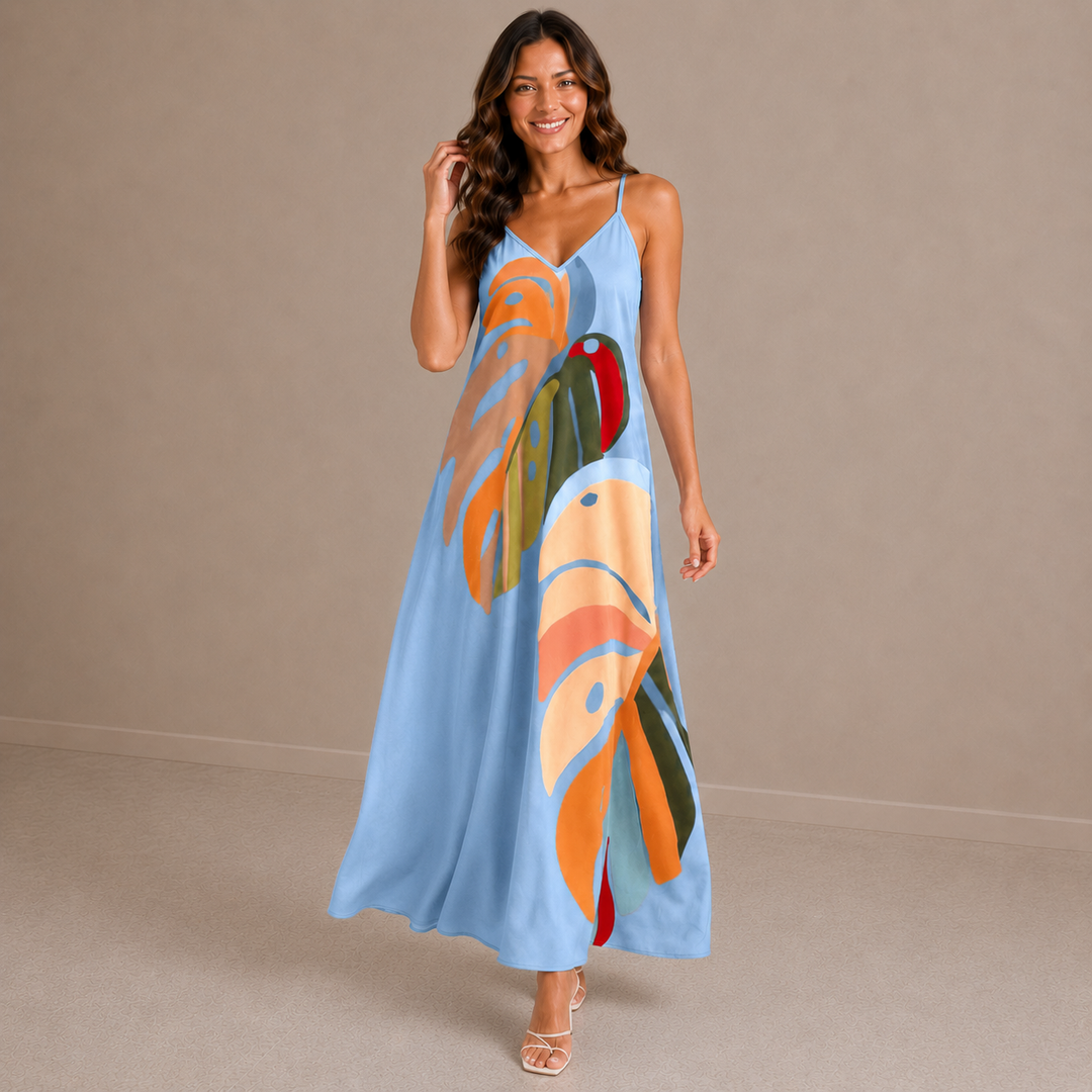 Vicky | Tropical Print V-Neck Sleeveless Maxi Dress