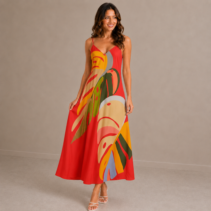 Vicky | Tropical Print V-Neck Sleeveless Maxi Dress