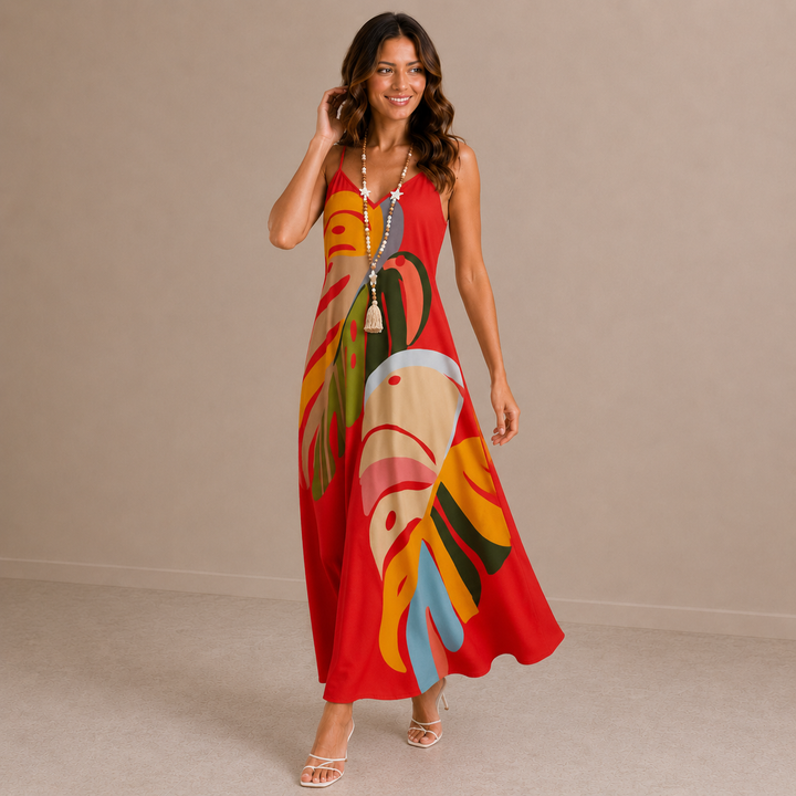 Vicky | Tropical Print V-Neck Sleeveless Maxi Dress