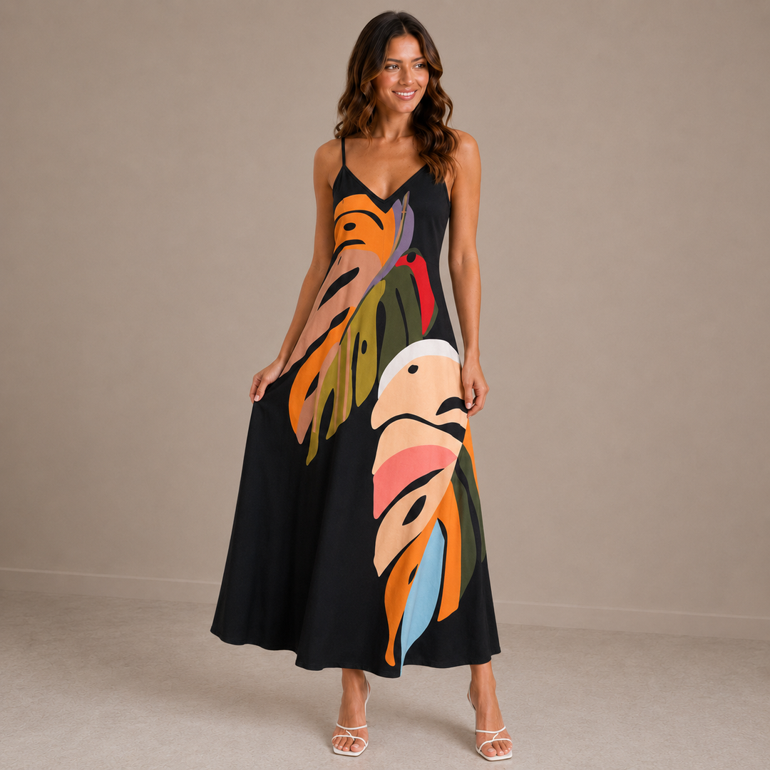 Vicky | Tropical Print V-Neck Sleeveless Maxi Dress