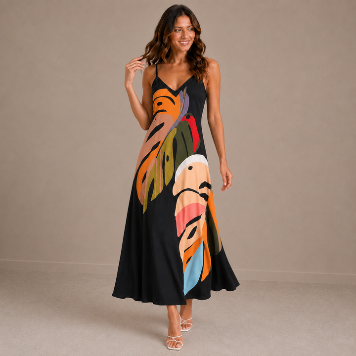 Vicky | Tropical Print V-Neck Sleeveless Maxi Dress