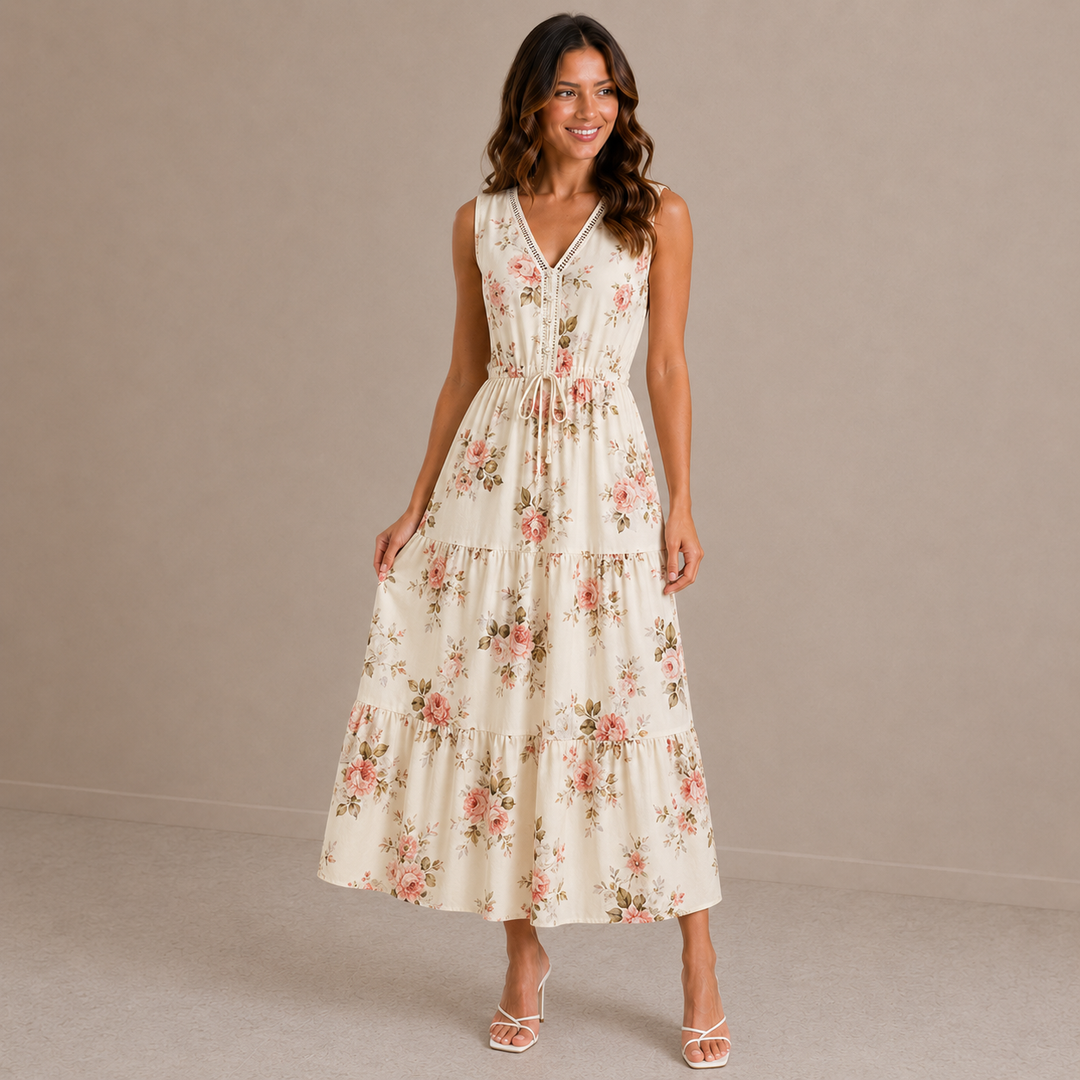Rosalie | Sleeveless Lace V-Neck Floral Print Dress