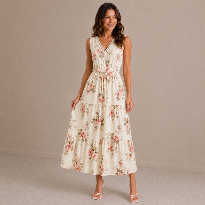 Rosalie | Sleeveless Lace V-Neck Floral Print Dress
