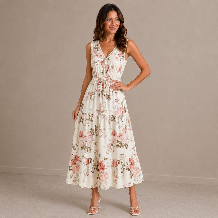 Rosalie | Sleeveless Lace V-Neck Floral Print Dress